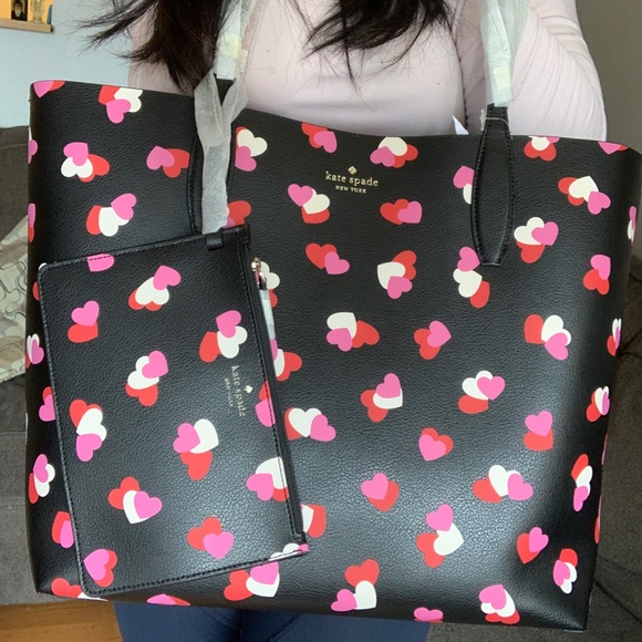 Authentic Kate spade Colorblock leather Hearts prints large Tote/Wristlet - Picture 6 of 16